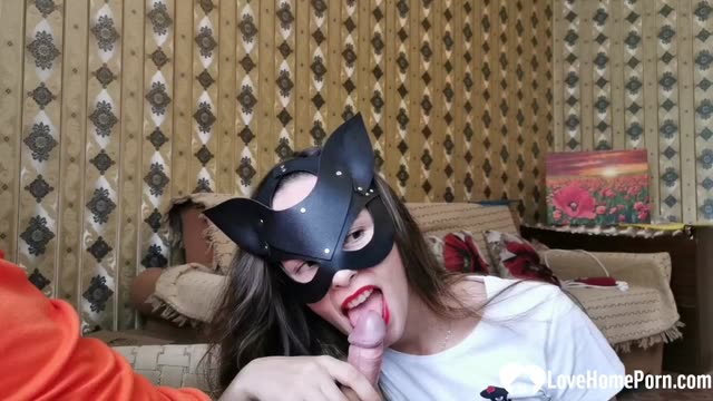 Mask beautiful slut sucking cock