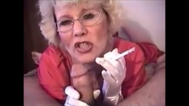 Very hot granny with glasses smoking while sucking dick