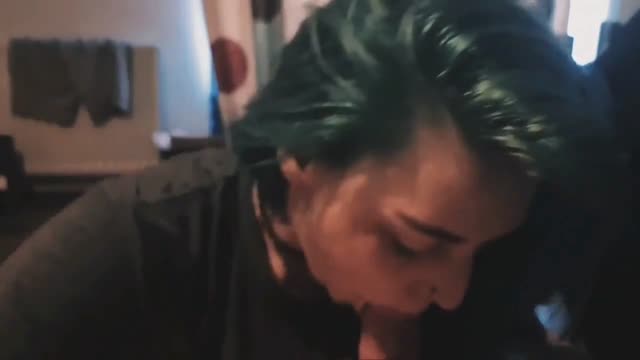 Blue haired sexy bitch giving passionate blowjob