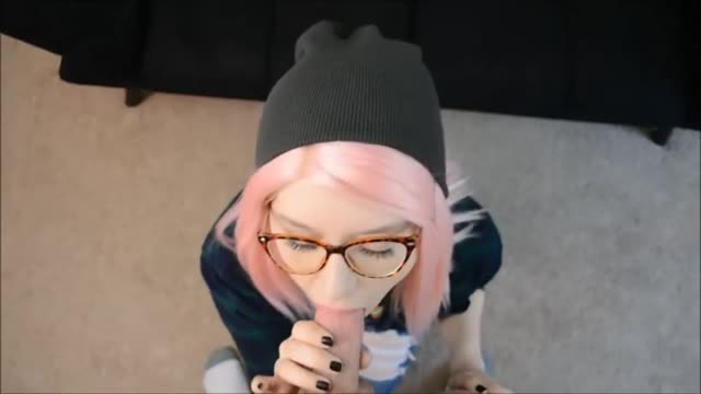 Pink haired emo teen in glasses blowjob and facial